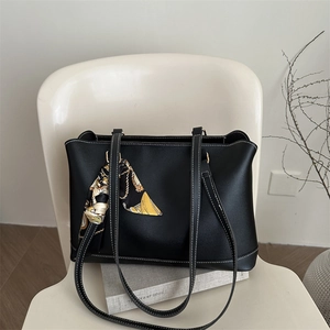 Women Large Capacity Tote Bag PU Leather Retro Contrast Stitching With Decorative Satin Scarf Shoulder Handbag Fashion