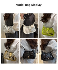 Detail of sequin crossbody bags in five colors with metallic gold clasps and thin straps