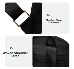 Detail of black nylon backpack featuring woven straps and rose gold metal hardware connectors