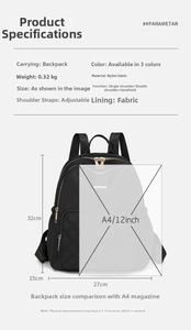Size chart for black nylon quilted backpack showing 32x27x15cm dimensions and features