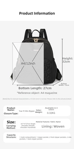 Detail of black nylon backpack with quilted pockets, golden zippers and 32x15x27cm dimensions