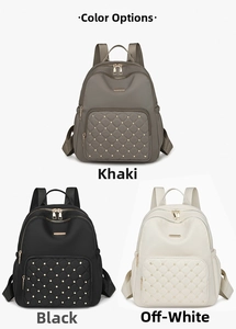 Detailed view of quilted nylon backpacks with gold studs in khaki, black, and beige colors