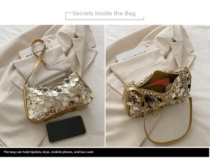 Detail of sequin shoulder bag showing internal main compartment and storage capacity