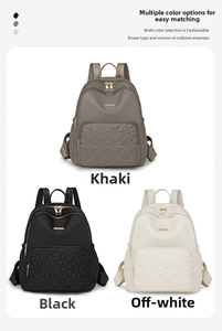 Three nylon backpacks in khaki, black, and beige with diamond quilted pockets and gold zippers