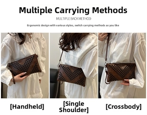 Brown leather envelope bag with rivet V-pattern shown as a clutch and crossbody