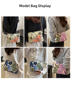 Detailed views of sequined floral embroidery evening bags in various vibrant colors