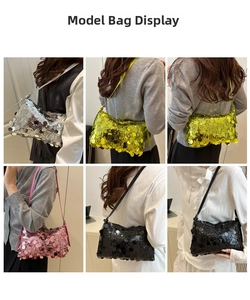 Detailed views of sequined underarm bags in silver, green, pink, and black colors