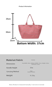 Tableau des tailles détaillé pour le grand sac cabas en toile à carreaux rouges et blancs