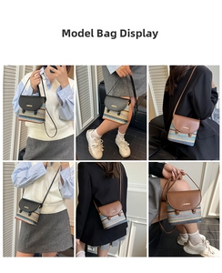 Rainbow striped woven crossbody bag in black and brown leather flap detail for women