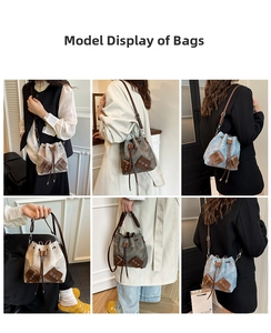 Three-color drawstring bucket bags in beige, grey, and blue with premium leather trim