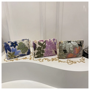 Detailed embroidery and sequins on chain shoulder bags in three elegant patterns