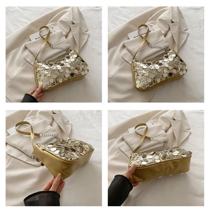 Detailed views of gold sequin shoulder bag with chain strap and shiny party finish