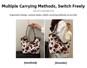 Borsa tote con stampa mucca che mostra opzioni versatili a mano e a tracolla