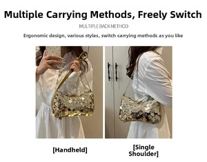 Close-up of sequin shoulder bag showing versatile leather handle and metal chain strap