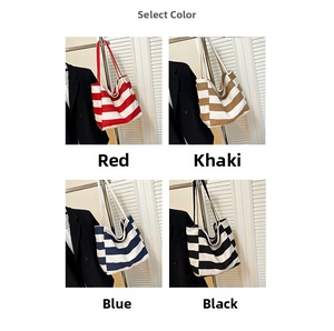 Detailed grid view of striped canvas tote bags in red, khaki, blue, and black colors