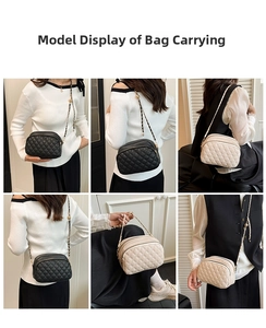 Quilted crossbody bag shown on model with adjustable gold ball chain and strap