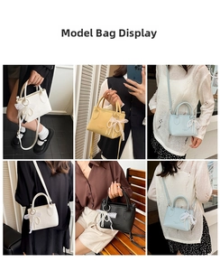 Multiple views of mini square handbags in white, yellow, blue, and black for women