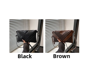 Detailed view of envelope crossbody bags with studded V-pattern in black and coffee
