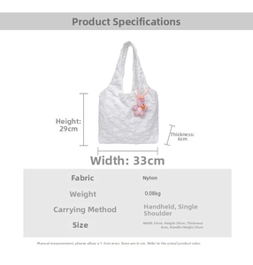Detailed size chart and dimensions of the white 3D floral lace nylon tote bag