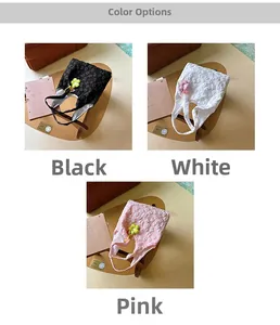 Detailed view of floral lace tote bags in black, white, and pink with 3D texture charms
