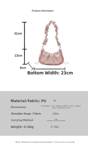 Dimensions du sac rose en PU avec longueur de bandoulière et détails de la chaîne perle