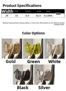 Detailed size specifications for sequin shoulder bag including dimensions and color options