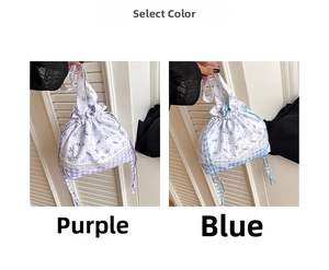 Detailed view of floral drawstring bags in purple and blue with lace and checkered pattern