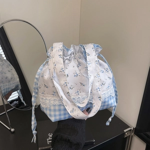 Floral Plaid Bucket Shoulder Bag Nylon Lace Trim Korean Style Student Daily Drawstring Lightweight Handbag For Women