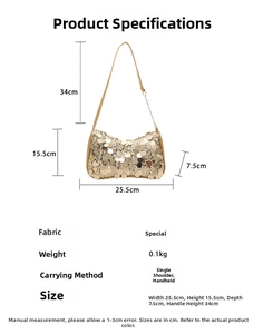 Detailed size chart for silver sequin shoulder bag with dimensions and strap height metrics