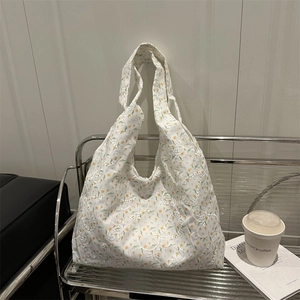 Large Capacity Tote Shoulder Bag Canvas Floral Embroidery Lace Eyelet Commuting Korean Style For Women
