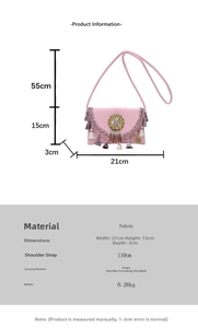 Detailed sizing chart for pink woven straw bag with purple tassels and beaded disk