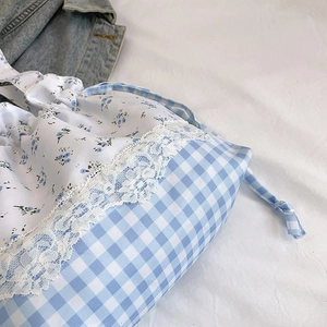 Floral and gingham patchwork shoulder bag with lace trim and drawstring closure