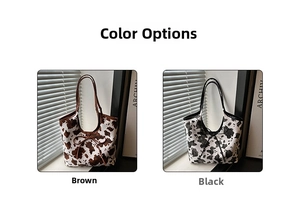 Detailed comparison of brown and black cow print canvas tote bags with bow decoration