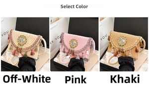 Straw envelope bags with ethnic beads and tassels in beige, pink and khaki