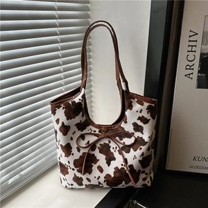 Borsa Tote Grande Capacità Donna Motivo Mucca Pelle PU Borsa A Spalla Con Fiocco Vintage Moda