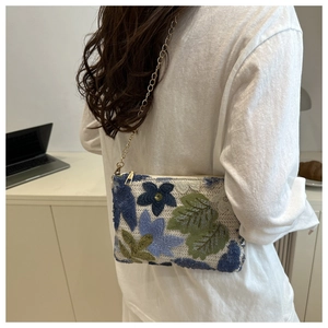 Detailed embroidery view of blue floral chain bag with golden zipper and mesh pattern