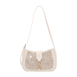 Elegant off-white sequined shoulder bag with gold clasp closure on white background