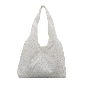 White floral canvas tote bag with yellow flowers and white lace paisley embroidery