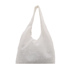 White lace floral embroidered canvas tote bag with large capacity for women