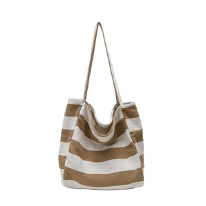 Large capacity canvas tote bag with brown and white stripes for women daily commute