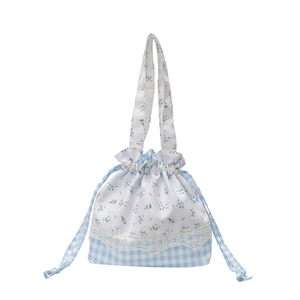 Blue floral and gingham patchwork drawstring bucket bag with delicate lace trim