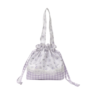 Floral and plaid patchwork drawstring handbag with lace detail in purple and white