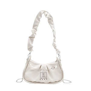 Chic cream ruched crescent shoulder bag with pearl floral chain and ruffled strap