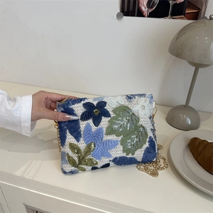 Women Straw Woven Envelope Clutch Shoulder Crossbody Bag With Floral Embroidery And Sequins Golden Metal Chain Strap