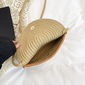 Handwoven semi-circle straw crossbody bag with thick rope strap and metal magnetic buckle