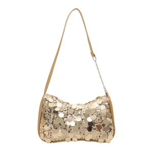 Golden sequin hobo bag for women with metallic texture and slim leather shoulder strap