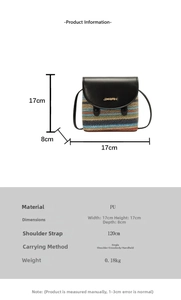Detailed size guide and specifications for the rainbow woven PU crossbody bag