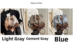 Three colors of canvas bucket bags with leather trim and drawstring closure shown in detail