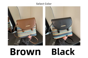 Detail of colorful woven straw crossbody bags with leather flaps in brown and black