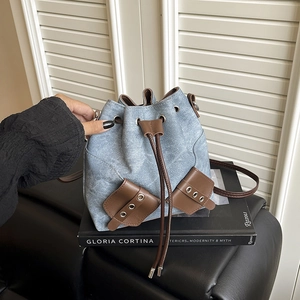 Retro Bucket Bag Fabric And PU Leather Drawstring Crossbody Shoulder Bag Casual Streetwear Contrast Fashion For Women